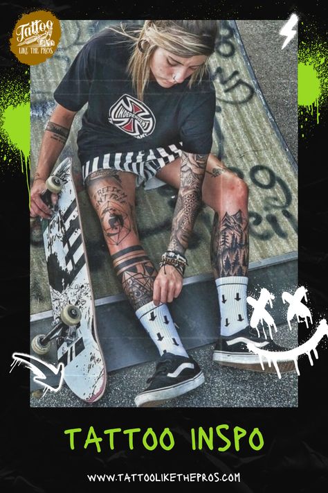 full body tattoo ideas Skater Tattoos, Lesbian Outfits, Summer Tattoo, Geniale Tattoos, Leg Tattoo Men, Leg Sleeve Tattoo, Knee Tattoo, Tattoo Project, Invisible Socks