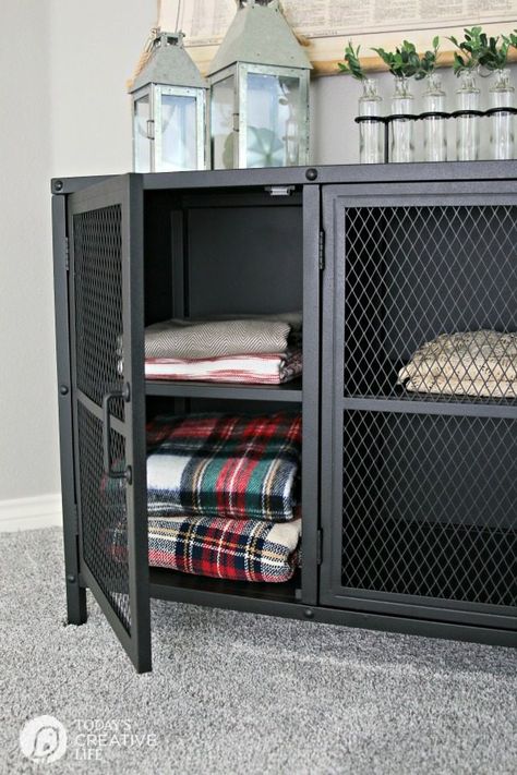 Stylish Storage Solutions | Industrial Metal Storage Cabinet for your Home | TodaysCreativeLife.com Industrial Storage Ideas, Metal Storage Cabinet, Metal Storage, Bathroom Cabinet Metal, Metal Cupboard, Metal Ideas, Industrial Storage Cabinet, Iron Mesh Cabinet, Cabinet With Metal Mesh