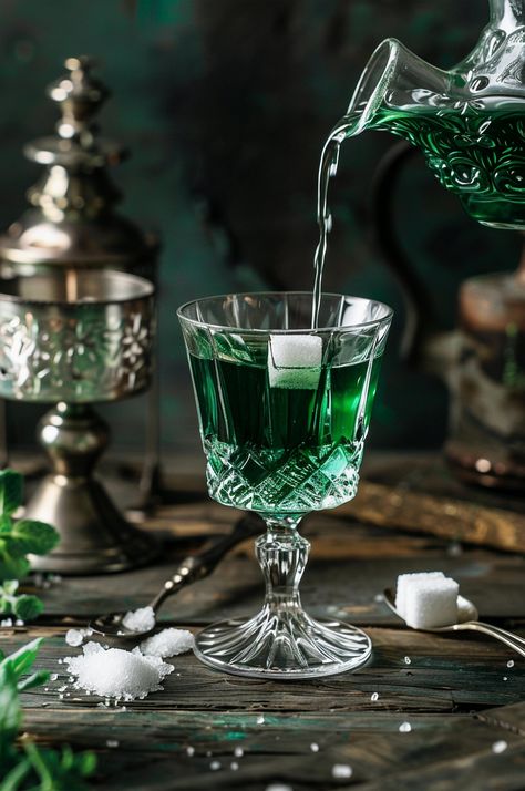 Explore the Absinthe Drip Recipe, where a timeless cocktail meets a contemporary flair. Perfect for those who appreciate a blend of tradition and innovation in their drinks. Absinthe Cocktail Recipes, Decanter Display, Absinthe Cocktail, Display Photography, Classic Cocktail Recipes, Cocktail Ideas, Halloween Cocktails, Bright Winter, Classic Cocktail