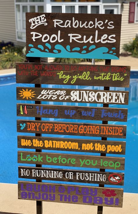 Pool Organization, Pool Rules Sign, Pool Deck Decorations, Diy Above Ground Pool, Ideas For Small Yards, Pool Storage, Pool Rules, Outdoor Pool Area, Small Yards