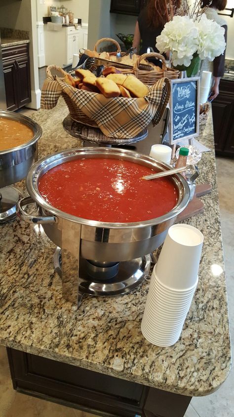 Soup Bars For Weddings, Bridal Shower Soup And Sandwich, Soup Bridal Shower Ideas, Fall Soup Bar, How To Serve Soup At A Party, Soup Flight Party, Soup Party Ideas Entertaining, Soup Baby Shower Ideas, Soup Bar Baby Shower Food Ideas