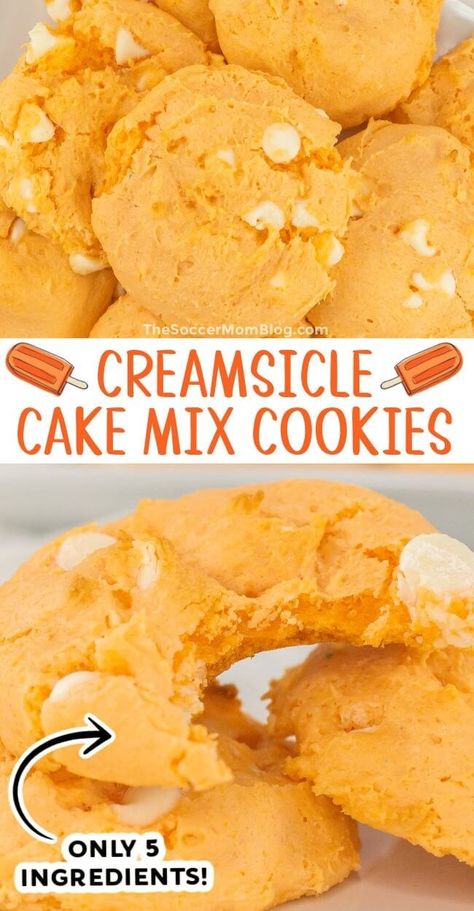 Cake Mix Orange Creamsicle Cookies - The Soccer Mom Blog Orange Cake Mix Cookies, Creamsicle Cookie Recipe, Orange Creamsicle Cookies, Creamsicle Cookies, Creamsicle Ice Cream, Creamsicle Cake, Easy Cookie Recipe, Vanilla Cake Mixes, Favorite Dessert