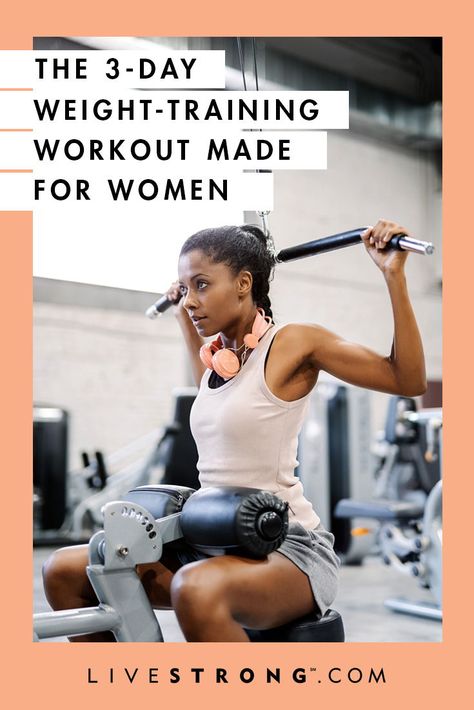 If you've been slaving over a cardio machine for the past few months, it's time to break out of your routine. Try this three-day weight-training workout for women. Gym Weightlifting Plan For Women, Women's Beginner Weight Training Plan, Beginner Weight Training Plan, Best Women Workout, Weight Training Workouts For Women Gym Personal Trainer, Weight Machine Workouts For Women Exercise Routines, Machine Weight Workout For Women, 3 Day Womens Gym Workout, Weekly Workout Plan For The Gym For Women Strength Training