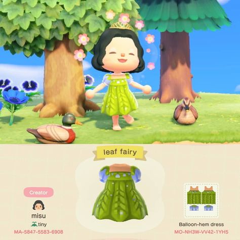 Fairycore Animal Crossing Outfits, Fairy Outfit Animal Crossing, Fairy Dress Animal Crossing, Fairycore Aesthetic Acnh, Acnh Spring Clothes Design, Animal Crossing Frog Design, Animal Crossing Mushroom Design, Acnh Frog Designs, Acnh Fairy Dress