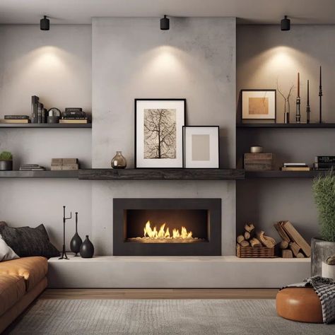 Contemporary Living Room Built Ins, Sleek Fireplace Design, Living Room Fireplace Designs, Built In Wood Burning Fireplace, Cassette Fireplace Ideas, Simple Fireplace Makeover, Uneven Fireplace Wall, Scandinavian Fireplace Nordic Design, Chimney Ideas Living Room