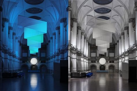 Note Design Studio took over the grand central hall of the Nordiska Museum in Stockholm, recreating the impressions of nordic lights, aurora borealis and moon reflections. Aurora Borealis Interior Design, Moon On The Water, Central Hall, Note Design Studio, City Gallery, Sustainable City, Gothic Cathedral, Nordic Lights, Notes Design