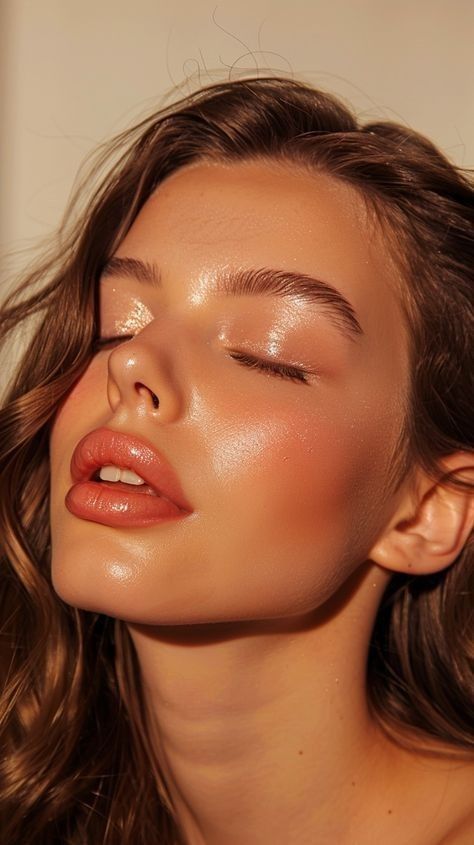 Glossy Makeup Look Dewy Skin, Glossy Eyeshadow Tutorial, Beachy Eyeshadow, Beach Photoshoot Makeup, Beach Makeup Look Summer Sun Kissed, Beach Party Makeup, Sun Kissed Makeup Look, Sun Kissed Makeup, Beach Makeup Look