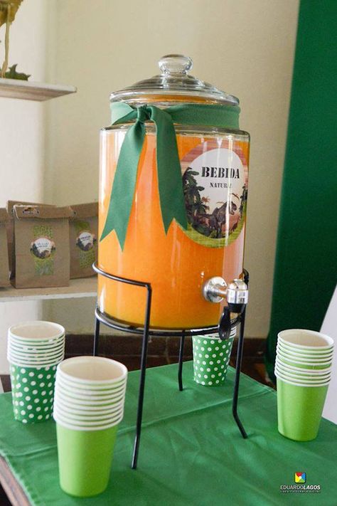 Beverage dispenser + table from a Dinosaur Birthday Party on Kara's Party Ideas | KarasPartyIdeas.com (27) Dino Juice Dinosaur Party, Dinosaur Drink Ideas, Dino Juice, Entrance Balloon Arch, Dinosaur Themed Birthday Cake, Dinosaur Sugar Cookies, Green Entrance, Cupcakes With Fondant, Fondant Leaves