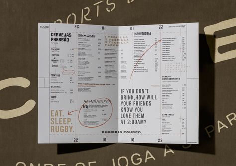 CLUBE on Behance Menu Design Layout, Graphisme Design, Brochure Inspiration, Menu Inspiration, Restaurant Branding Design, Dm Design, Menu Printing, Bar Games, Tennis Match