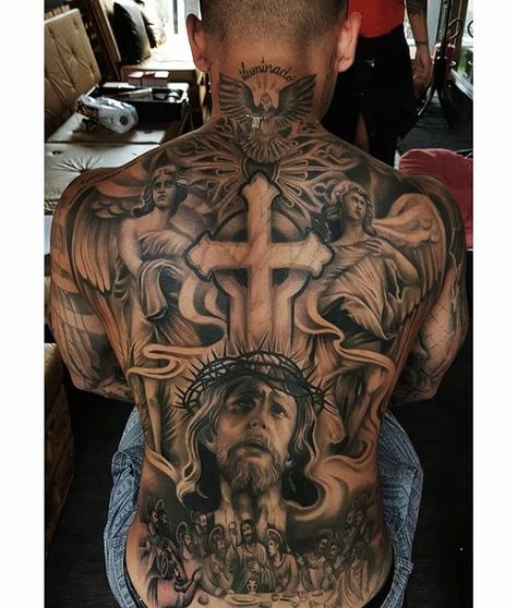 Cool Back Piece Tattoo, Men S Tattoo Back, Back Tattoo Men Full, Mens Full Back Tattoo, Big Back Tattoo For Men, Religious Back Tattoo, God Back Tattoo, Full Back Tattoos For Guys, Back Tattoos For Guys Full