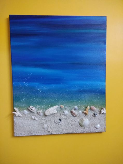 Painting Ideas On Canvas Beach Theme, Beach Painting With Shells, Beach Painting With Sand, Painting With Seashells, Painting With Shells, Beach Art Diy, Beach Canvas Paintings, Beach Themed Crafts, Beach Art Painting