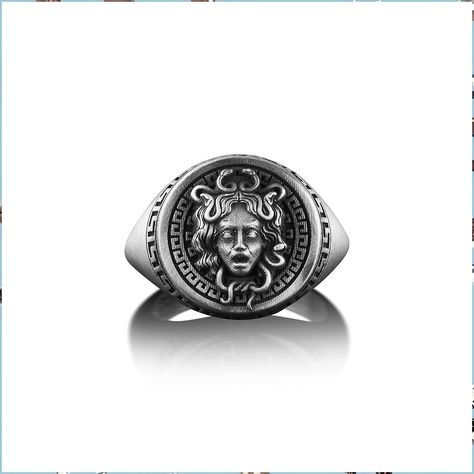 Silver Ring Men - Medusa Pinky Signet Ring For Men, Greek Mythology Engraved Gorgon Ring in Silver, Fantasy Serpent Ring For Boyfriend, Ancient Ring For Dad Artistic Jewelry Rings, Fantasy Signet Ring, Ring For Boyfriend, Pinky Signet Ring, Ancient Greek Jewelry, Serpent Ring, Greek Jewelry, Jewelry Boards, Ancient Greek