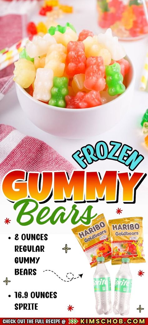 Bowl of colorful gummy bears with soda cans and instructions. Frozen Gummy Bears, Frozen Gummies, Gummy Bear Popsicles, Bear Treats, New Year's Drinks, Gummy Bear Candy, Fruit Combinations, Bear Recipes, Frozen Dessert Recipe