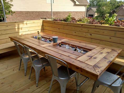 Diy Outdoor Dining Table With Cooler, Patio Table With Built In Cooler, Outdoor Table Bench Seating, Built In Deck Table, Outdoor Kitchen With Table, Built In Cooler Outdoor, Built In Deck Bench Seating, Built In Patio Seating, Outdoor Table With Cooler