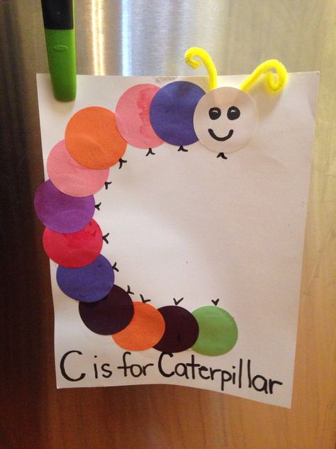 C is for Caterpillar - toddler/preschool craft C Is For Caterpillar, Butterfly Activity, Letter C Activities, Letter C Crafts, Hungry Caterpillar Craft, Preschool Letter Crafts, Calendar April, Activity Calendar, Alphabet Crafts Preschool