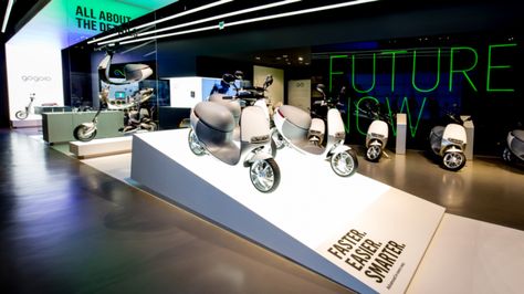 Motorcycle Showroom Design, Apple Store Design, Scooter Store, Scooter Ramps, Electric Transportation, Scooter Shop, Event Booth, New Taipei City, Showroom Interior Design