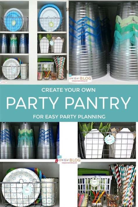 Create your own party pantry with party supplies. Stock up on paper plates, napkins plastic silverware, birthday cake candles, paper straws and more! Be ready to celebrate for any event anytime!  Organizing party supplies | Organized paper supplies | BBQ picnic supplies.  Find more details on TodaysCreativeLife. Just click the photo. Organizing Party Supplies Ideas, Organizing Event Supplies, Storing Party Supplies, Paper Plates Organization, Organizing Paper Plates And Napkins, Organize Paper Plates And Cups, Paper Plate Organization, Organizing Plastic Utensils, Disposable Plates Organization