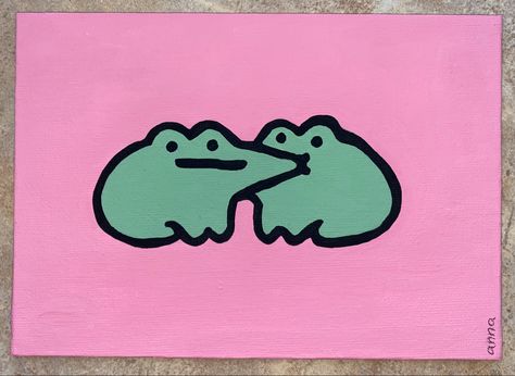 Cute painting of two frogs on solid pink background ; acrylic Cute Frog Paintings On Canvas, Funny Mini Paintings, Acrylic Painting Doodles, Cute Funny Paintings, Frog Painting Ideas On Canvas, Frog Painting Aesthetic, Cute Frog Painting Easy, Simple Frog Painting, Funny Easy Paintings