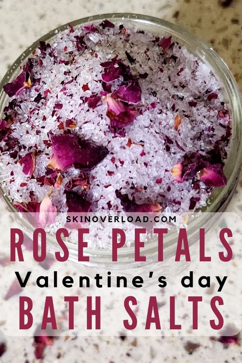 DIY Rose Petals Bath Salts Recipe Valentine Bath Salts, How To Use Rose Petals, How To Make Bath Salts, Diy Salt Bath, What To Do With Rose Petals, Rose Bath Aesthetic, Diy Rose Petals, Rose Bath Salts Diy, Epsom Salt For Roses