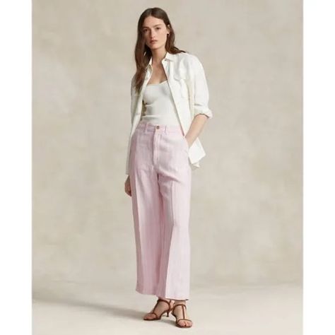 Polo Ralph Lauren Striped Cropped-Leg Linen Trousers Highlights Light Pink/White Linen/Flax Vertical Stripe Pattern High-Waisted Front Button And Zip Fastening Cropped Leg Wide Leg Two Side Inset Pockets Two Rear Welt Pockets Straight Hem This Item Contains At Least 50% Materials Which Are Certified Or Widely Recognised As Having A Lower Environmental Impact Through Production And/Or Manufacturing Processes That Reduce Water Consumption And The Use Of Harmful Chemicals, Or Re-Use By-Products Of The Production Process. Learn More About What Makes A Product Conscious On Our Conscious Criteria Page Composition Linen/Flax 100% Washing Instructions Machine Was Cropped Linen Trousers, Trousers Women Wide Leg, Polo Ralph Lauren Women, Ralph Lauren Pants, Wide Leg Linen Pants, Linen Pants Women, Mein Style, Linen Trousers, Striped Linen