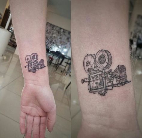 Tattoo of an old cinema camera. Love the geometric influence!! Camera Film Tattoo, Camera Tattoos, Party Tattoos, Movie Tattoos, Camera Tattoo, Old Cinema, Tattoo Photography, Eagle Tattoos, Cinema Camera