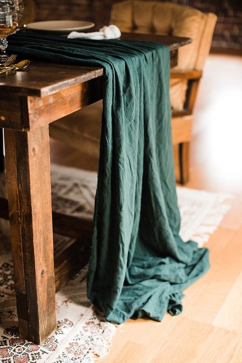 Emerald Green Table Runner, Emerald Green Table, Wedding Centerpeices, Green Wedding Decor, Moody Wedding Decor, Green Table Settings, Emerald Green Wedding Theme, Forest Green Wedding, Dark Green Wedding