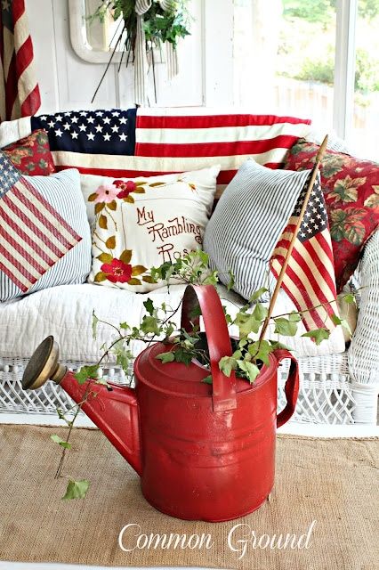 Summer Porch Decor, Summer Front Porches, Savvy Southern Style, Summer Porch, White And Blue Flowers, Fourth Of July Decor, Diy Outdoor Decor, Americana Decor, 4th Of July Decorations