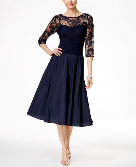 Jessica Howard Three-Quarter-Sleeve A-Line Dress Macys Petite Dresses, Navy Party, Navy Cocktail Dress, Evening Midi Dress, Below The Knee Dresses, Tea Length Dress, Dresses For Wedding Guest, Jessica Howard Dress, White Cocktail