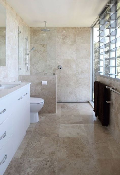 Neutral Bathroom Tile, Neutral Bathrooms Designs, Brown Tile Bathroom, Travertine Bathroom, Trendy Bathroom Tiles, Neutral Bathroom, Bathroom Paint, Beige Bathroom, Bathroom Paint Colors