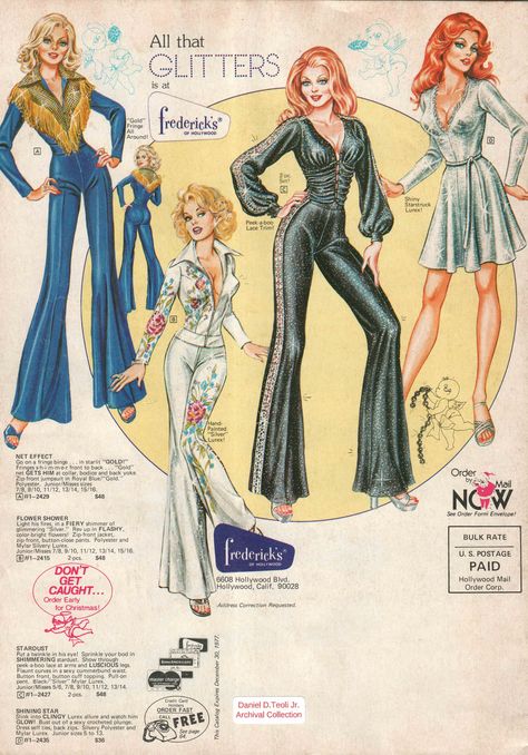 Vintage Fredericks Of Hollywood Ads, 70s Fredericks Of Hollywood, 1977 Fashion, Aesthetic Crafts, Vintage Fashion Sketches, Vintage Catalog, 1970 Dress, 1970s Disco, Frederick’s Of Hollywood