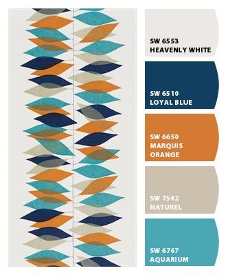 Embedded image Paint Pictures, Mid Century Colors, Interior Design Minimalist, Mid Century Living, Diy Interior, Mid Century Decor, Remodel Bedroom, Room Remodeling, Blue And Orange