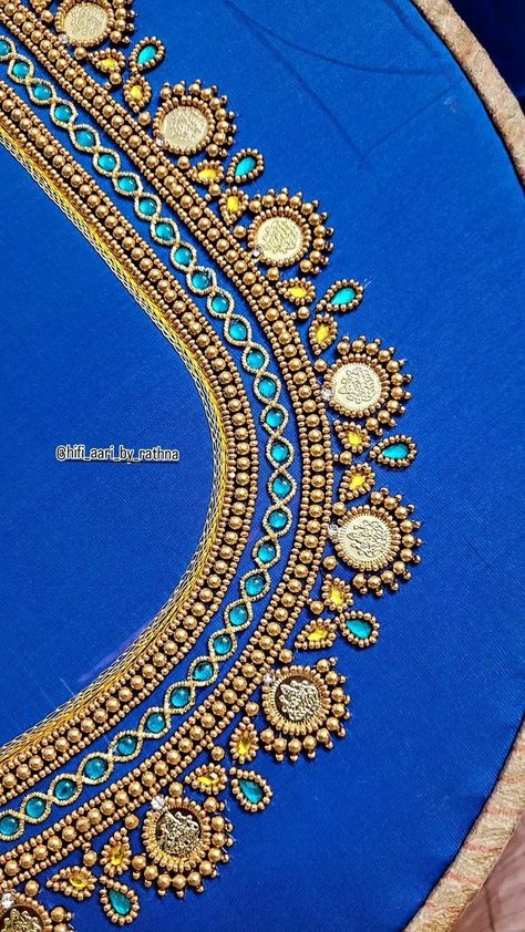 Aari Coin Work Blouse Designs, Lakshmi Coin Aari Work Design, Coin Aari Work Designs, Aari Work Back Neck Designs, Simple Maggam Work Designs, Simple Aari Work Blouse, Aari Blouses, Bridal Blouse Design, Magam Work Designs