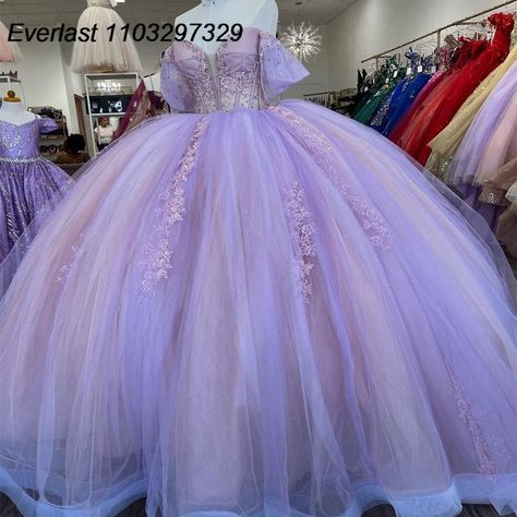 EVLAST Shiny Lavender Lilac Quinceanera Dress Ball Gown Lace Applique Beaded Tulle Corset Sweet 16 Lavender Quinceanera Ideas, Purple Quince Dress, Lilac Quinceanera, Lilac Quinceanera Dresses, Vestido Color Lila, Lavender Quinceanera, Purple Quinceanera Dresses, Sweet 15 Party Ideas Quinceanera, Tulle Corset