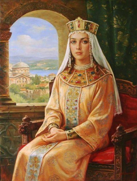 Maria Bagration - Georgian Queen of Byzantium Olga Of Kiev, Byzantine Fashion, Putri Diana, Istoria Modei, Medieval Paintings, Heroic Fantasy, Russian Painting, Russian History, Byzantine Empire