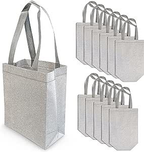 OccasionALL 10x5x13 12 Piece Medium Silver Gift Bags with Handles, Metallic Bachelorette Gift Bags, Glitter Gift Bags Reusable for Christmas, New Year Bachelorette Gift Bags, Bulk Shopping, Reusable Gift Bags, Christmas Party Gift, Large Gift Bags, Gift Totes, Glitter Gifts, Small Gift Bags, Party Gift Bags