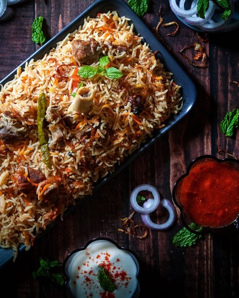 Mutton Biryani Photography, Biryani Photography, Biryani Mutton, Indian Mutton Recipes, Mutton Yakhni, Mutton Biriyani, Lamb Biryani, Yakhni Pulao, Mutton Recipe