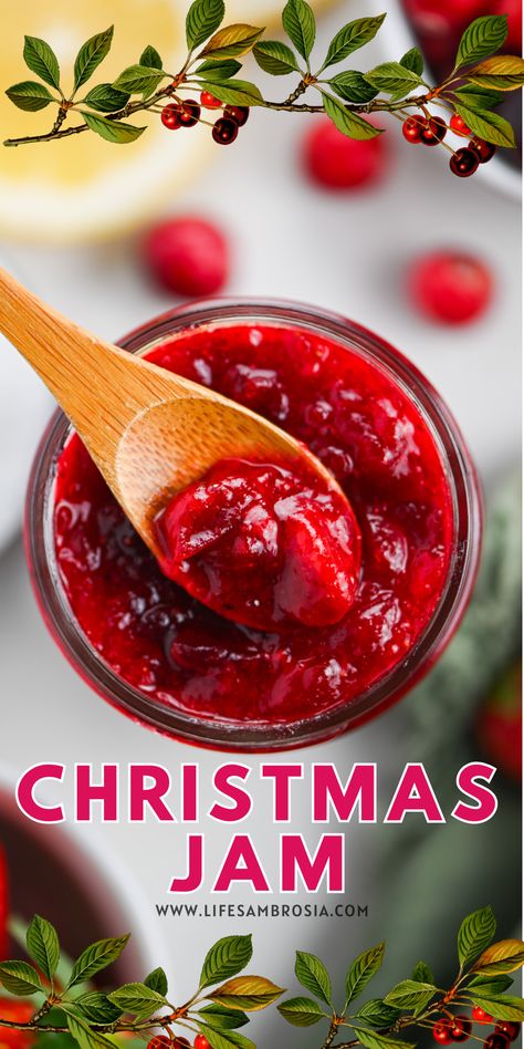 Christmas Jam Homemade Christmas Jam Recipe, Cranberry Strawberry Sauce, Cranberry Strawberry Jam, Strawberry Cranberry Jam, Sugar Plum Jam, Cranberry Jam Recipe, Strawberries And Sugar, Strawberry Jalapeno Jam, Refrigerator Jam