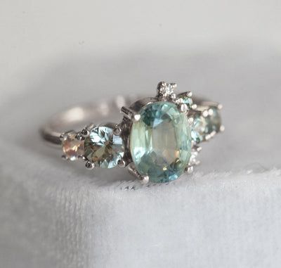 Green Engagement Rings, Engagement Ring Cluster, Oval Sapphire Engagement Ring, Sea Goddess, Green Sapphire Engagement, Green Sapphire Engagement Ring, Ring Cluster, Green Ring, Buying An Engagement Ring