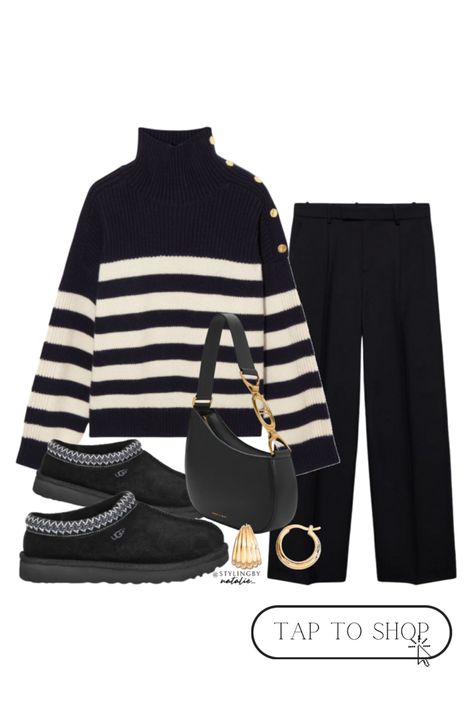 Stripe knit jumper with gold buttons on shoulder pad, ugg tasman slippers, ugg tazz, black trousers,knitwear, autumn winter outfit, fall outfit, gold jewellery,turtleneck Ugg Black Slippers Outfit, Ugg Tazz Black Outfit, Black Tazz Slipper Outfit, Ugg Tazz Black, Black Ugg Tasman Outfit, Black Ugg Tasman Slippers Outfit, Black Ugg Slippers Outfit, Black Slippers Outfit, Black Uggs Outfit Winter