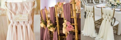 Wrapped Material Chairs Diy Centrepieces, Jar Centerpiece Wedding, Simple Centerpieces Diy, Kiss The Bride, Fun Wedding Decor, Pallet Wedding, Wedding Chair Decorations, Chair Sashes, Bride Magazine