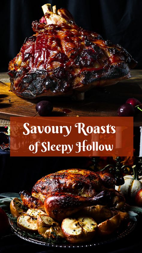 Fall Roast Dinner, Sleepy Hollow Chicken, Fall Ham Recipes, Gothic Dinner Recipes, Sleepy Hallow Recipes, Sleepy Hollow Feast, Cider Brined Chicken, Medieval Feast Food, Mabon Feast Recipes