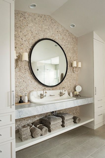 Urban Farmhouse - Transitional - Bathroom - Orlando - by Brianna Michelle Interior Design | Houzz Scandinavian Style Home, Pebble Tile, Transitional Bathroom, Bathroom Backsplash, Bathroom Trends, Bathroom Redo, Bathroom Renos, Bathroom Colors, Bathroom Remodel Master