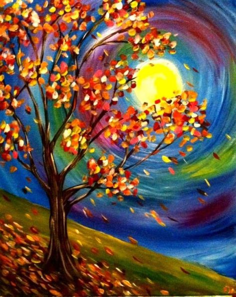 Paint Night Fall Ideas, Autumn Paint And Sip Ideas, Paint Night Pictures, Fall Sky Painting, Fall Paintings Acrylic, Fall Paint Night Ideas, Fall Paint And Sip Ideas, Fall Paint And Sip, Fall Acrylic Painting Ideas