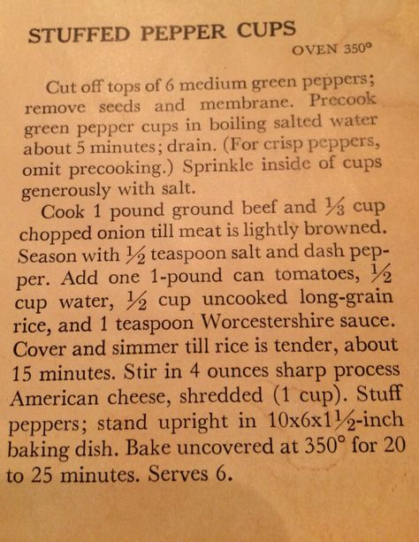 Betty Crocker original Stuffed Pepper Cups Unstuffed Green Peppers, Old Fashioned Stuffed Bell Peppers, Betty Crocker Stuffed Peppers, Betty Crocker Stuffed Green Peppers, Stuffed Peppers With Bread Crumbs, Stuffed Bell Peppers Betty Crocker, Green Pepper Recipes, Lasagna Casserole, Lean Protein Meals