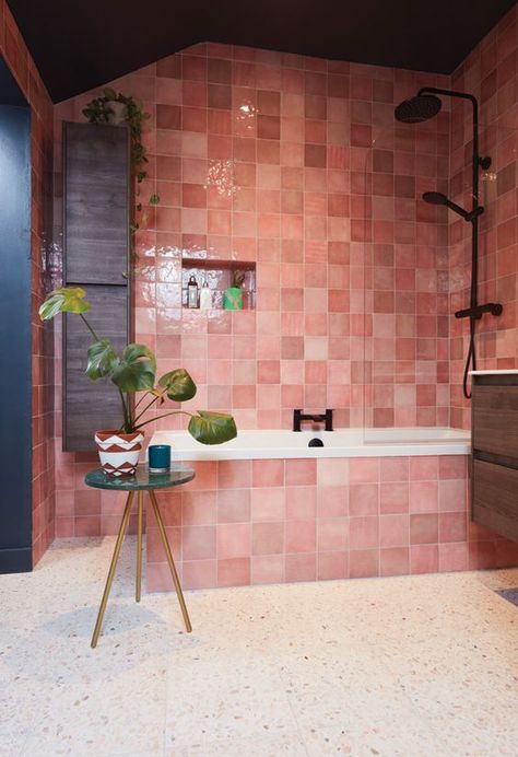 Pink Rustic Bathroom, Pink Terracotta Bathroom, Old Pink Bathroom, Square Tiles Kitchen, Pink Tile Shower, Old Pink Tile Bathroom Ideas, Dark Pink Bathroom, Pink Tiles Bathroom, Pink Zellige Tile