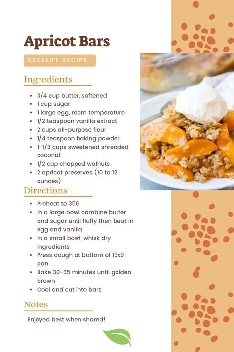 Apricot Delight Recipe, Apricot Bars Recipe, Apricot Delight, Apricot Bars, Easy Dessert Recipe, Fresh Recipes, Bar Recipe, Easy Dessert, Shredded Coconut