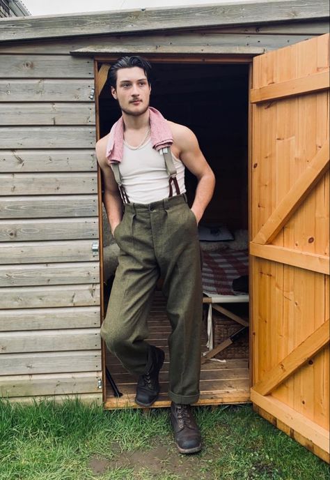 Farming Outfits Men, Outfit With Suspenders Men, Men's Cottagecore Fashion, Farmcore Outfit Male, Farm Clothes Men, Gardening Outfit Men, Farmer Fashion Men, Norway Style Fashion, Gardener Outfit Men