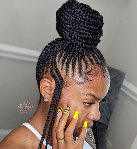 MASTER BRAIDER on Instagram: “The small feed-in bun (DOUBLE DESIGN). 💛💛” Hairstyles For Preteens, Pink Cornrows Braids, Pink Cornrows, African Hair Braiding Styles, Braids Hairstyles Pictures, Braided Ponytail Hairstyles, Feed In Braid, Box Braids Styling, Girls Hairstyles Braids