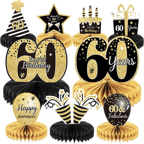 PRICES MAY VARY. Package: you will get 9 pieces of birthday honeycomb centerpieces including stars,cake,balloons , and so on;These 60th table decorations are so chic and funny that make your birthday theme party a big hit. Great size: their sizes are about 6 x 8 inches, add some atmosphere by setting these gold decorations for the birthday party in the middle of the table and these cool black and gold decorations are impressive enough to be noticed. Durable quality: the birthday table centerpiec 85th Birthday Decorations, 90th Birthday Centerpiece, 55th Birthday Decorations, 65 Birthday Decorations, 60th Birthday Centerpieces, 75th Birthday Decorations, Honeycomb Table, Stars Cake, 50th Birthday Centerpieces