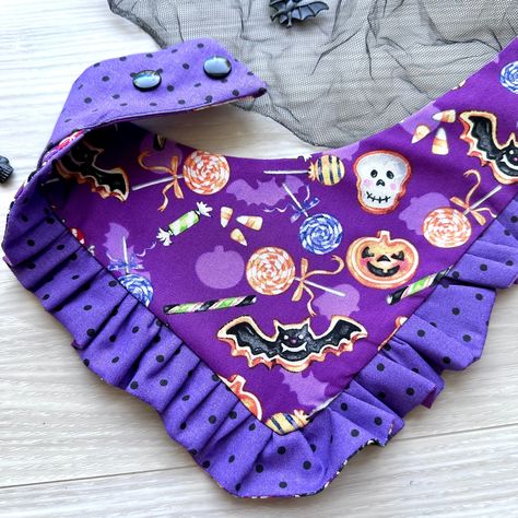 Halloween Dod bandana, puppy dog scarf, Tiny bandana for dogs and cat, These bandana have a snap closure for easy on and off!They also have a curved neck for a comfortable fit. They are perfect for your dog or cat. Design availability is dependent on material availability - if the material you want is no longer available, we will contact you to discuss other options.Sizing:Double-Snaps are placed at the measurements listed in correspondence to each size below. . For the most secure fit, we recom Bandana Sizes For Dogs, Making Dog Bandanas, How To Make Dog Clothes, Diy Dog Accessories To Sell, Sewing Dog Bandana, Dog Clothes Patterns Free Printable, Dog Bandana Pattern Printable, Diy Dog Accessories, Pet Bandana Pattern